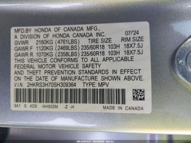 2HKRS3H70SH309364 Honda Cr-v Ex-l 2wd