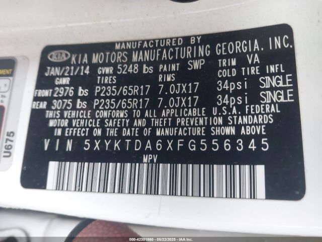 5XYKTDA6XFG556345 KIA SORENTO LX