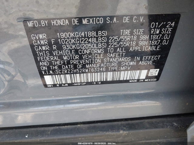 3CZRZ2H52RM763246 Honda k20z5