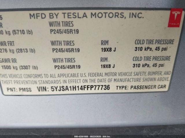 2015 TESLA MODEL S 5YJSA1H14FFP77736 Photo 8