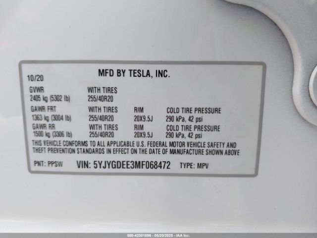 2021 TESLA MODEL Y 5YJYGDEE3MF068472 Photo 8