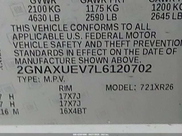 Chevrolet Equinox Awd Lt 1.5l Turbo 2020 2GNAXUEV7L6120702 Image 9