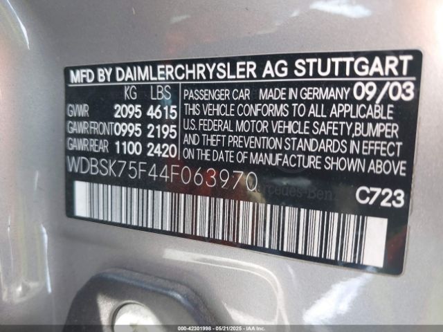 2004 MERCEDES-BENZ SL 500 WDBSK75F44F063970 Photo 8