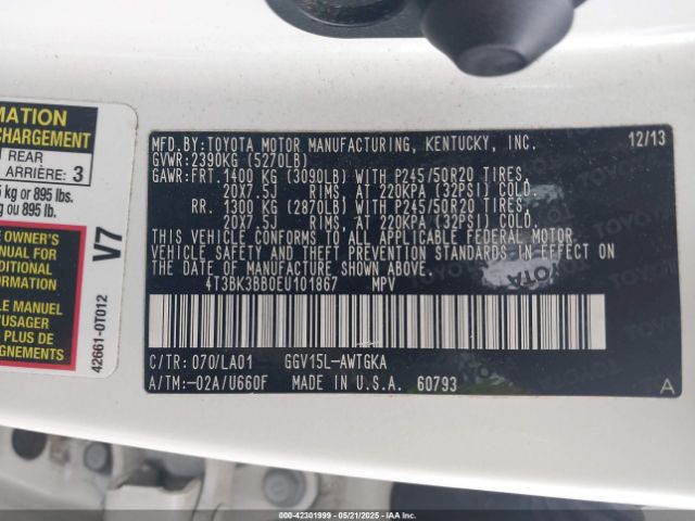 4T3BK3BB0EU101867 Toyota Venza Limited V6