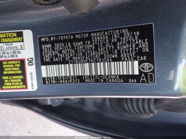 2019 TOYOTA COROLLA 2T1BURHE7KC183584 Photo 8
