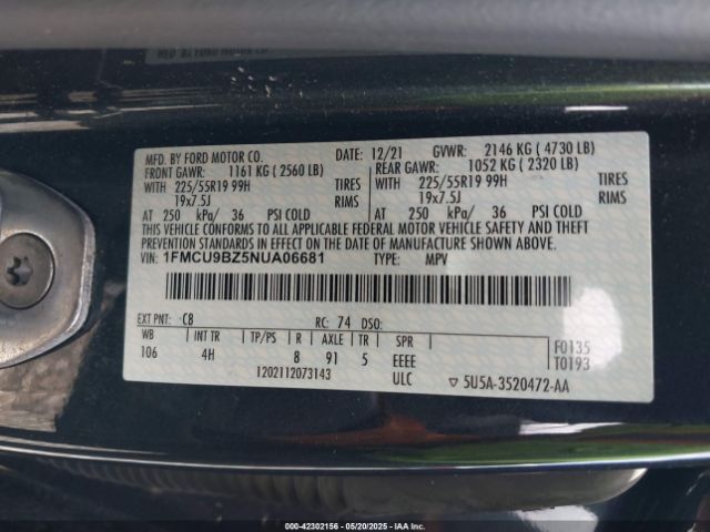 1FMCU9BZ5NUA06681 Ford Escape Se Hybrid