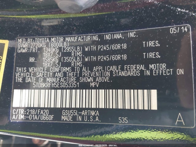 Toyota Highlander Le Plus V6 2014 5TDBKRFH5ES053351 Image 9