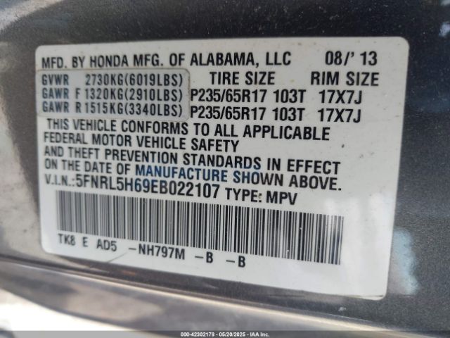 5FNRL5H69EB022107 Honda Odyssey Ex-l