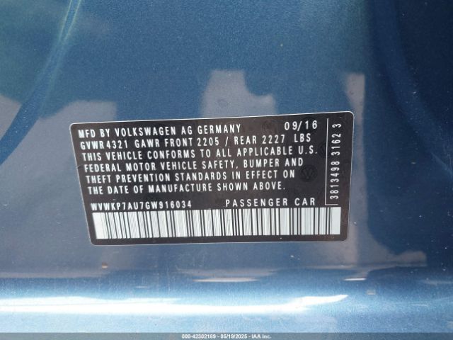 WVWKP7AU7GW916034 Volkswagen E-golf Se