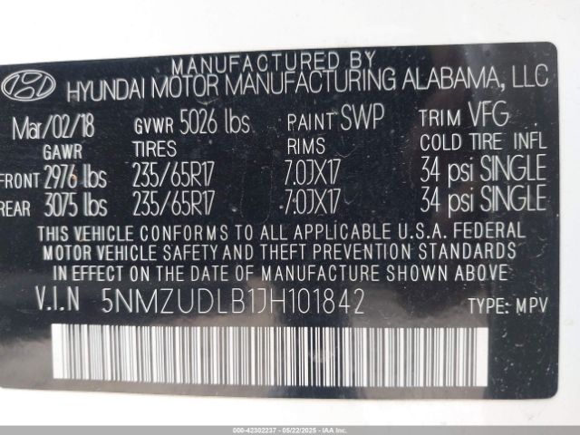 5NMZUDLB1JH101842 Hyundai Santa Fe Sport 2.4l