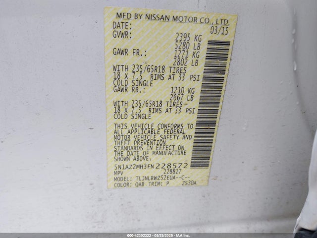 5N1AZ2MH3FN228572 Nissan MURANO SL