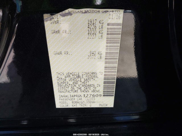 1N4AL3AP4GN327609 Nissan Altima 2.5/2.5 S/2.5 Sl/2.5 Sr/2.5 Sv