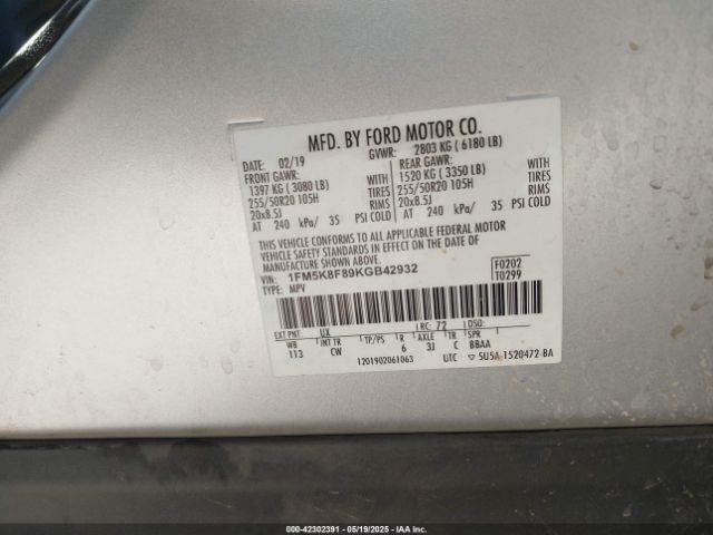 1FM5K8F89KGB42932 Ford 3.5l ti-vct