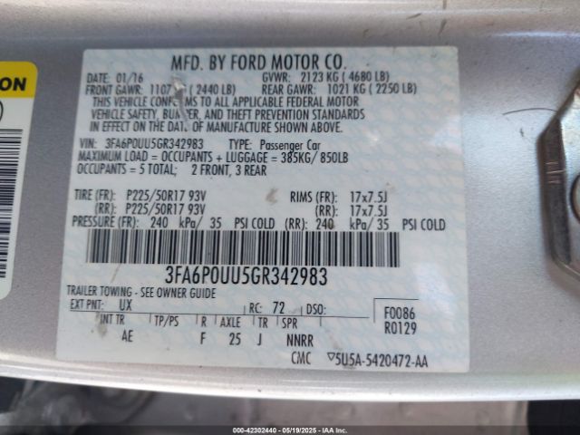 3FA6P0UU5GR342983 Ford Fusion Hybrid S