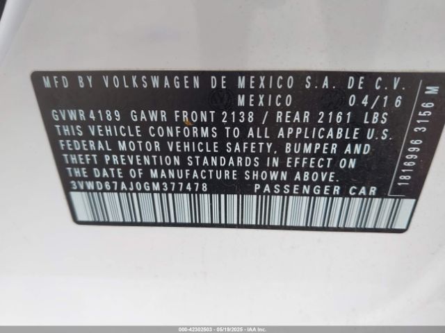 3VWD67AJ0GM377478 Volkswagen Jetta 1.4t Se