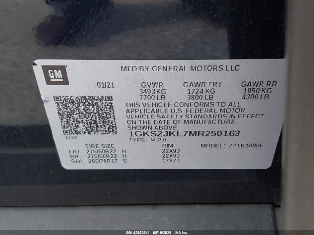 1GKS2JKL7MR250163 GMC Yukon Xl 4wd Denali