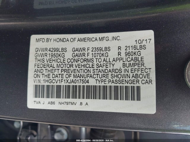 Honda l15be 2018 1HGCV1F1XJA017504 Image 9