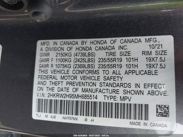 2HKRW2H95MH685514 Honda l15be