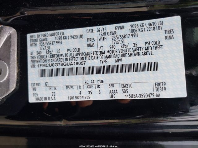 1FMCU0G78GUA19057 Ford ESCAPE SE
