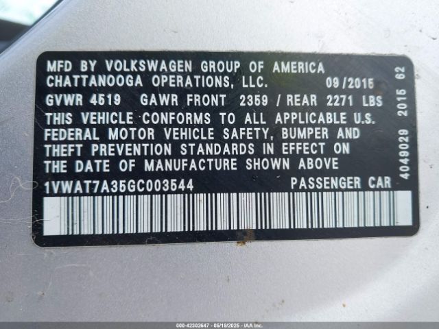 1VWAT7A35GC003544 Volkswagen Passat 1.8t S