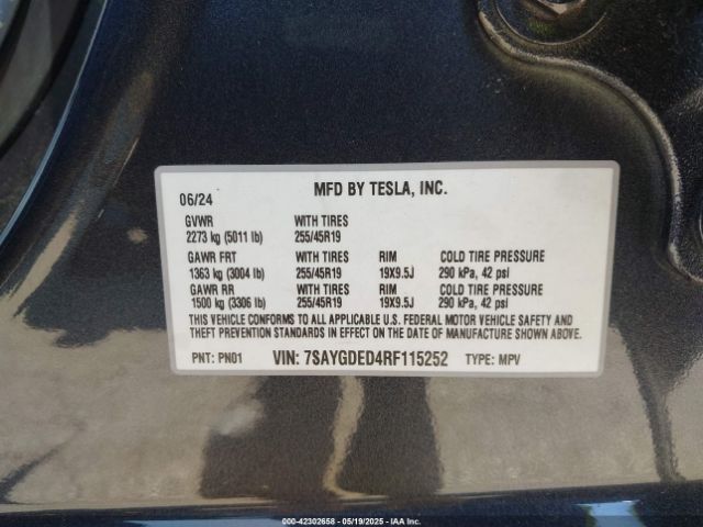 2024 TESLA MODEL Y 7SAYGDED4RF115252 Photo 8