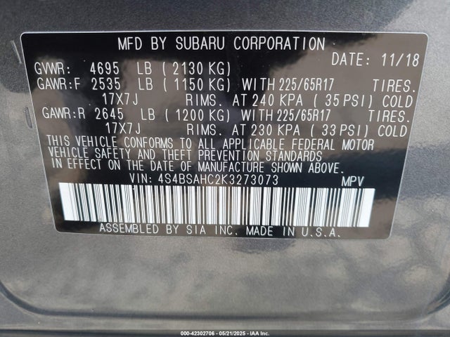 4S4BSAHC2K3273073 Subaru Outback 2.5i Premium