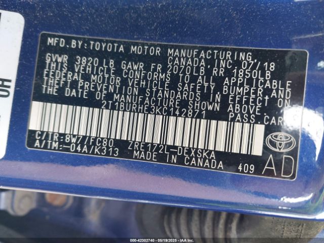 2019 TOYOTA COROLLA 2T1BURHE3KC142871 Photo 8