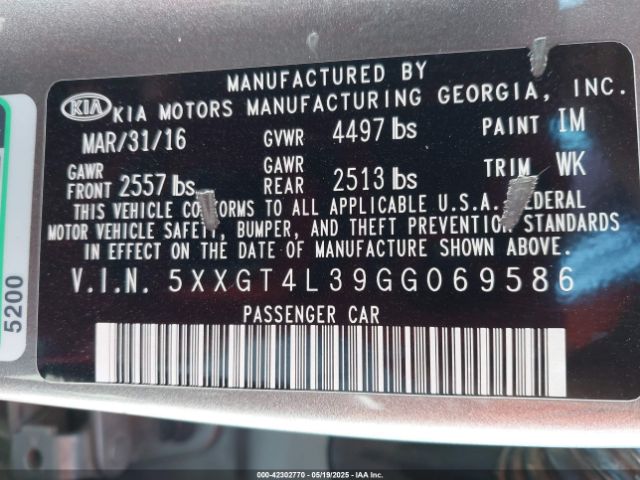 5XXGT4L39GG069586 KIA Optima Lx
