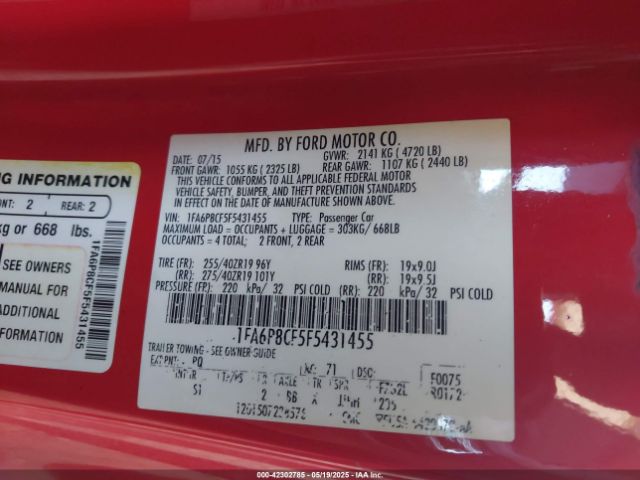 1FA6P8CF5F5431455 Ford Mustang Gt Premium