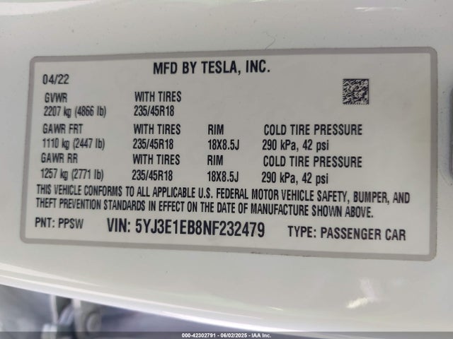2022 TESLA MODEL 3 5YJ3E1EB8NF232479 Photo 8