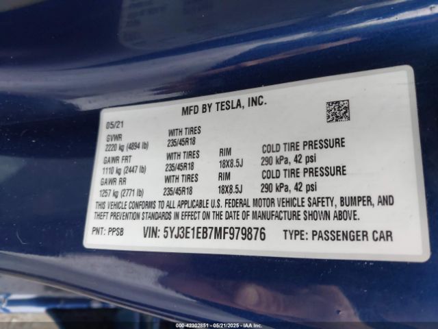 2021 TESLA MODEL 3 5YJ3E1EB7MF979876 Photo 8