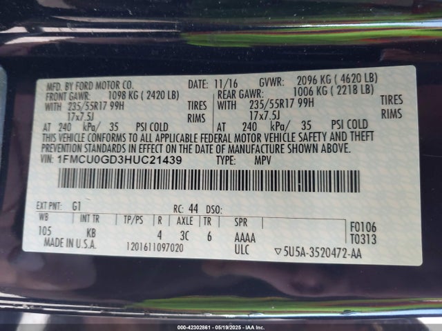 1FMCU0GD3HUC21439 Ford gtdi sigma w/premium fuel