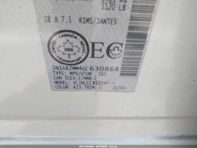 5N1AR2MM4GC630868 Nissan Pathfinder Platinum/s/sl/sv