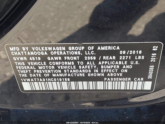 Продаж на аукціоні авто 2017 Volkswagen Passat 1.8t S, vin: 1VWAT7A31HC019158, номер лоту: 42302887