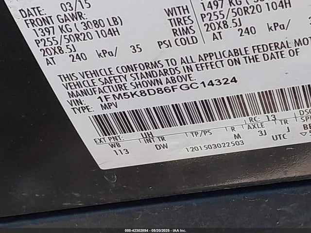 1FM5K8D86FGC14324 Ford EXPLORER XLT