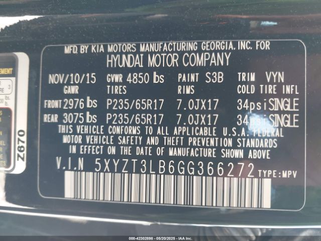 5XYZT3LB6GG366272 Hyundai Santa Fe Sport 2.4l