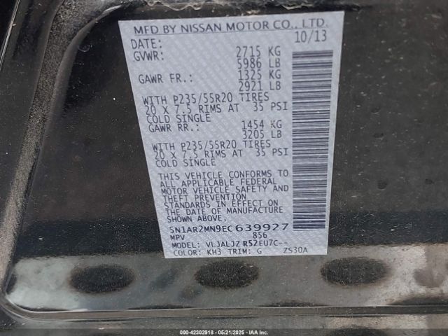 5N1AR2MN9EC639927 Nissan Pathfinder Platinum