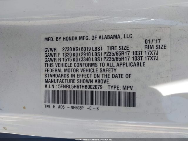 5FNRL5H61HB002079 Honda Odyssey Ex-l