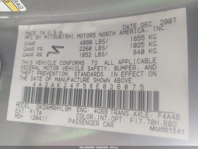 2008 MITSUBISHI ECLIPSE 4A3AK24F58E036075 Photo 8