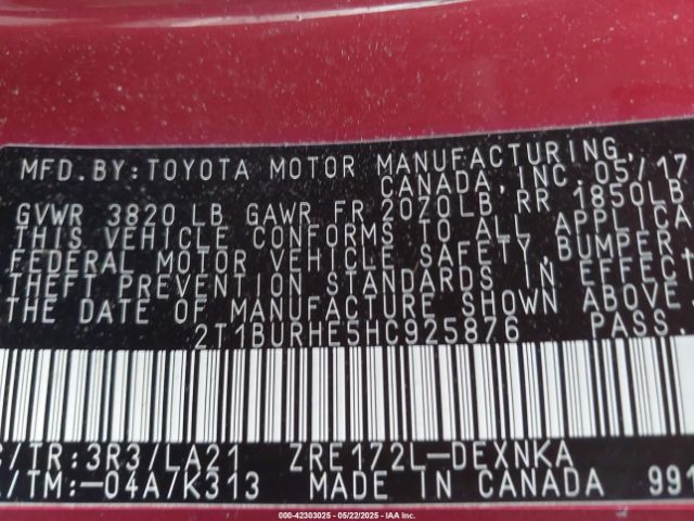 2T1BURHE5HC925876 Toyota Corolla Xle