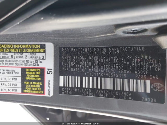 4T1C11AK8MU545325 Toyota a25a-fks