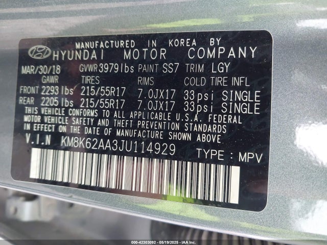 KM8K62AA3JU114929 Hyundai mpi nu
