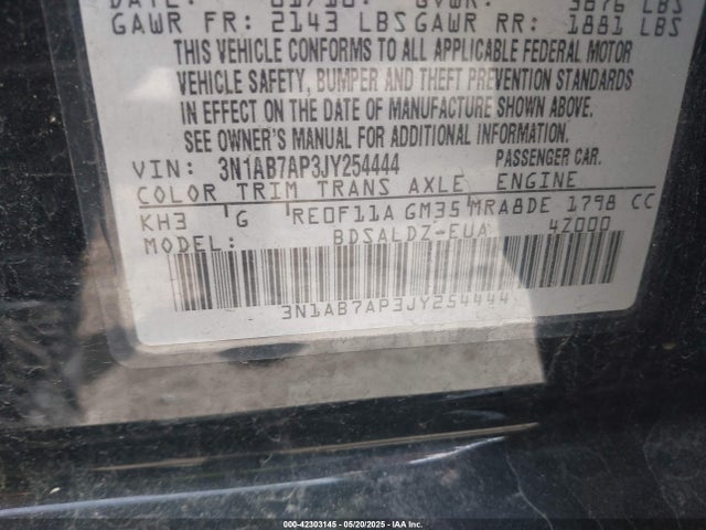 3N1AB7AP3JY254444 Nissan SENTRA SV