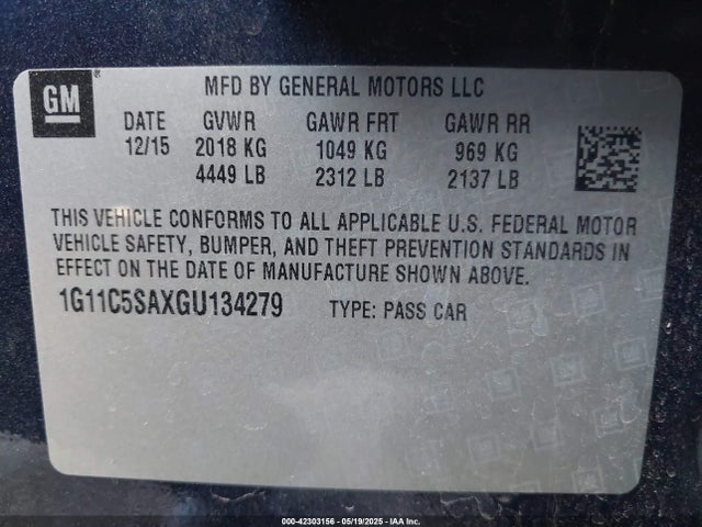 1G11C5SAXGU134279 Chevrolet lcv -sidi, dcvcp, vvt, dcvcp, e85 max, e0-e100, aluminum