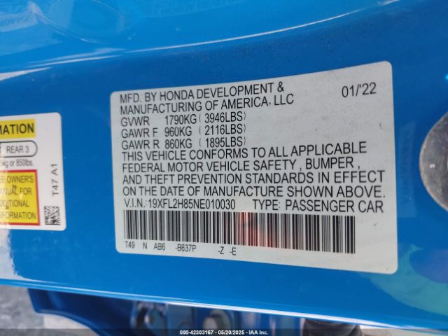 19XFL2H85NE010030 Honda k20c2