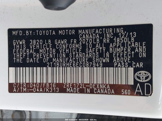 Toyota 2zr-fe 2014 2T1BURHE6EC087949 Image 9