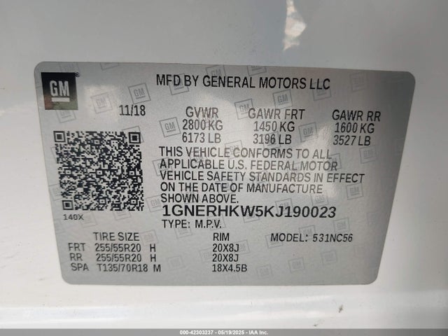 1GNERHKW5KJ190023 Chevrolet lfy - spark ignited direct injection, atss, gen 1