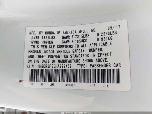 Honda k24w1 2017 1HGCR2F50HA292452 Image 9