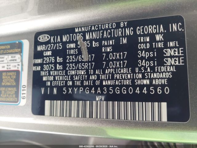 5XYPG4A35GG044560 KIA Sorento 2.4l Lx