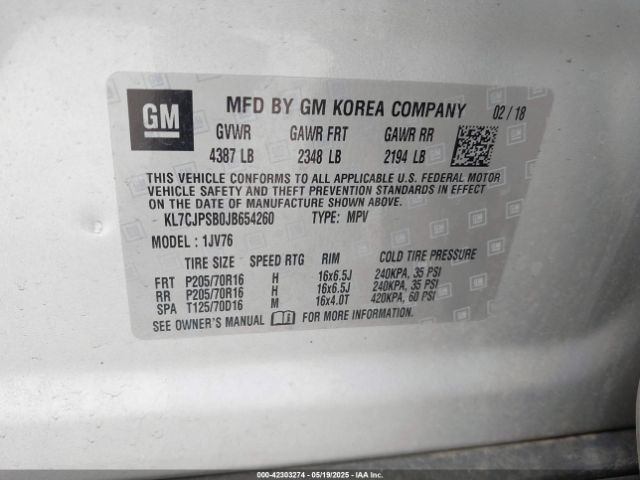 KL7CJPSB0JB654260 Chevrolet luv - mfi, variable valve timing, e85 max, alum